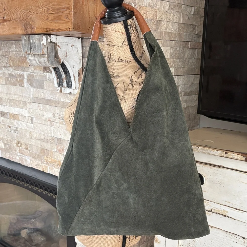 Made in Italy (no brand) olive green leather large tote shoulder bag boho style - Picture 1 of 16